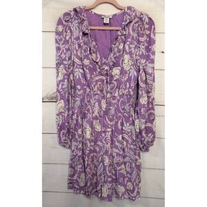 Haute Hippie Style Lavender Floral‎ Print Ruffle V Neck Mini Dress Womens Small